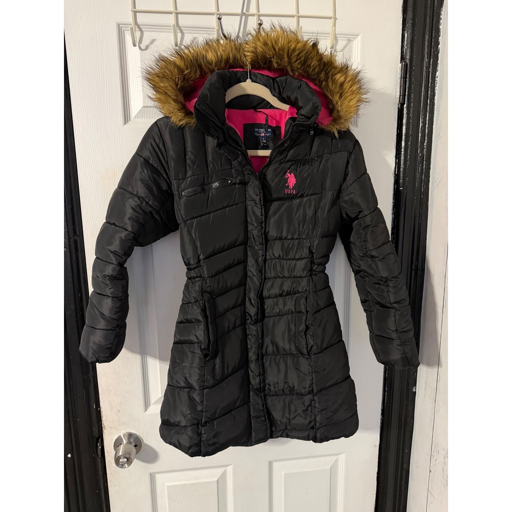 US Polo Assn Black Puffer Jacket Pink Fleece Lined Faux Fur Hood Girls L 14/16